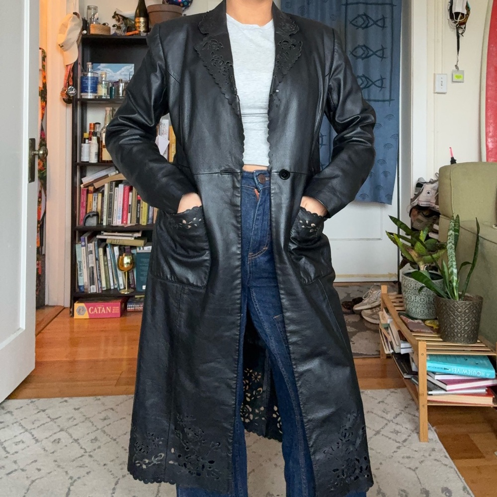 Black leather trench coat